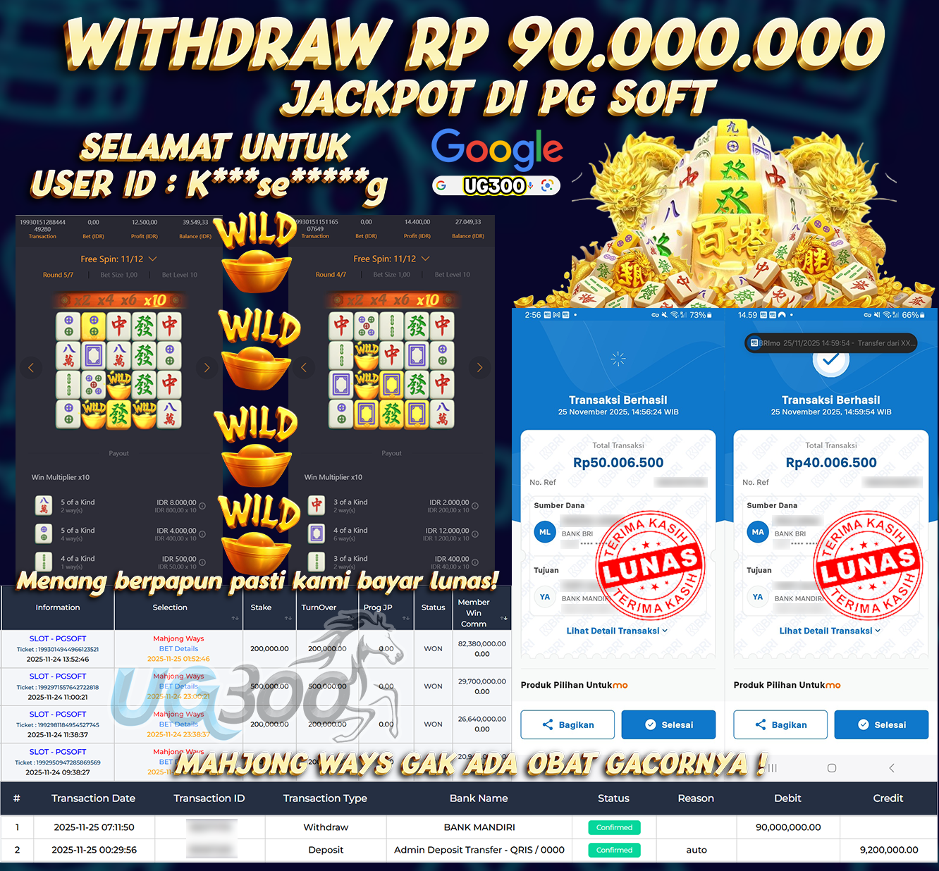 UG300 BERMAIN DI MAHJONG WAYS PG SOFT ONFIRE JACKPOT Rp.90,000,000- DI BAYAR TUNTAS